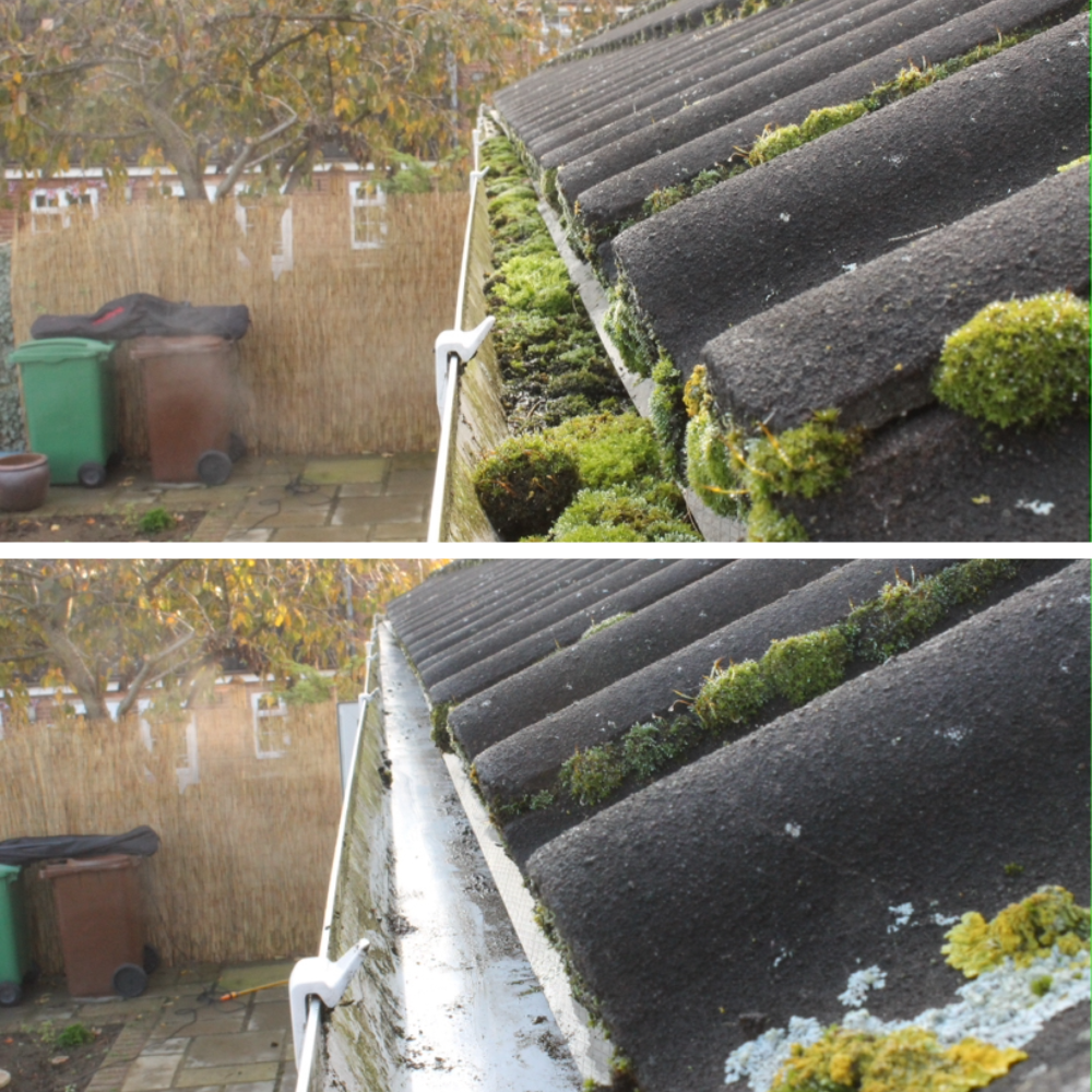 Gutter before and after moss removal